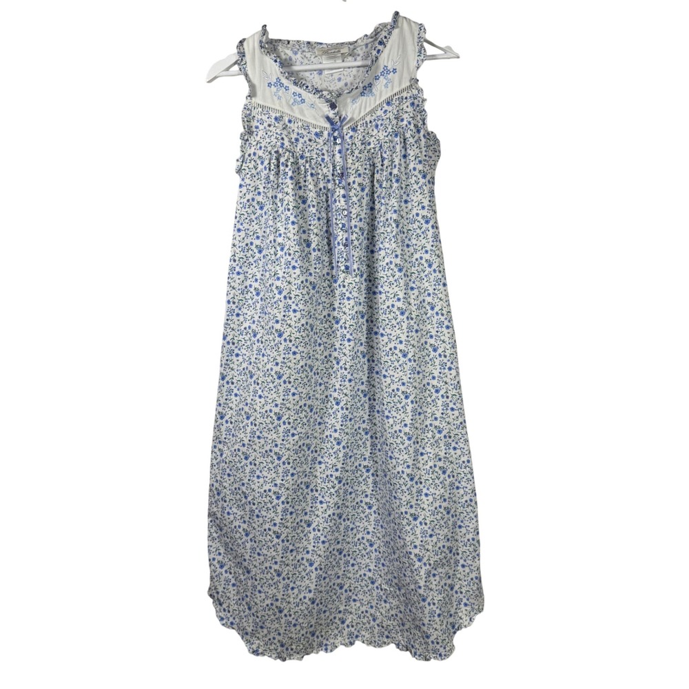 Dentelle Womens Blue Floral Cotton Nightgown Sleeveless Embroidered Midi Small